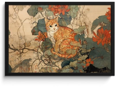 Poster in lijst - Fotolijst 60x40 cm - Posters - Kat - Sierlijk - Bloemen - Posterlijst zwart - Decoratie - Wanddecoratie woonkamer - Muurdecoratie slaapkamer