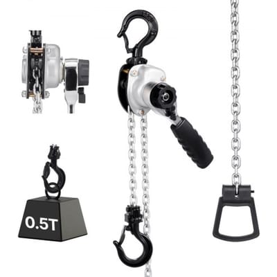 VEVOR Mini Hefboomtakel, 1/2T Capaciteit, Handkettingtakel, 1,5 m Hefvermogen, G80 Stalen Legering Ketting met Mechanische Dubbele Palrem, Kettingtakel met 360° Draaibare Haken, voor Magazijn, Bouw, Garage