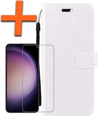 Hoes - Met Screenprotector - Geschikt voor Samsung Galaxy S23 - Luxe Pasjeshouder - Bookcase Portemonee - Flip Case - Kunstleer Book Case - Flipcase - Book Cover - Walletcase - PortemonneeHoes - Wit