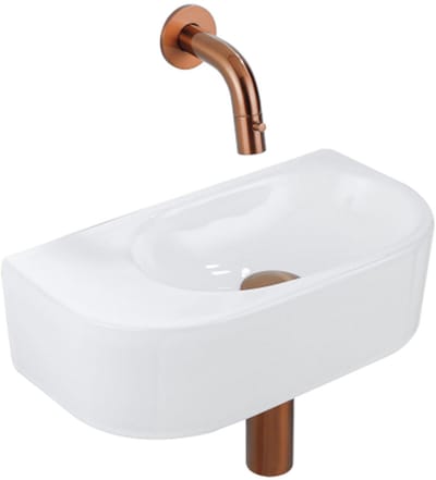 QeramiQ Fuente Fonteinset - 40x21.5x12cm - glad - halfrond - keramiek - fonteinkraan geborsteld koper - afvoerplug - verlaagd sifon - wit glans