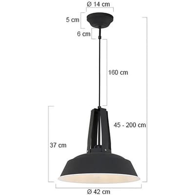 Zwarte hanglamp Eden 7704ZW met E27 fitting, industrieel design, hoogte instelbaar, van metaal en kunststof, voor binnengebruik, merk Mexlite