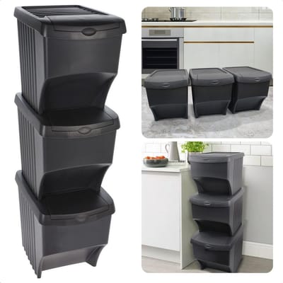 Set van 3 Stapelbare Recycle Prullenbakken - 22L/37x29xh33cm - 66L Totale Inhoud - 100cm Hoogte - Klep 20x12cm - Zwart - 90% Gerecycled - 4 Stickervels