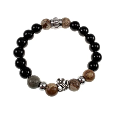 Elastische Herenarmband met Natuurstenen Onyx en Bruine Jaspis - Polsmaat 17-18cm