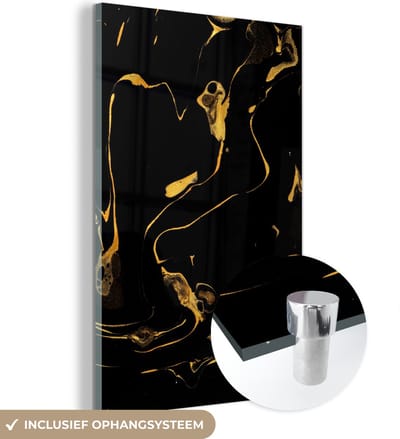 MuchoWow® Glasschilderij 40x60 cm - Schilderij acrylglas - Patronen - Verf - Goud - Zwart - Foto op glas - Schilderijen