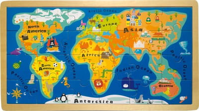 Houten Wereldkaart Puzzel - Educatief Speelgoed - Geografie Leren - Continenten en Oceanen - 40 x 22 cm - Meerkleurig