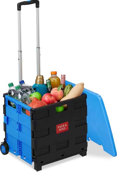 boodschappenkrat met 2 wielen - deksel - verstelbare handgreep - tot 35 kg - opvouwbaar - blauw-zwart