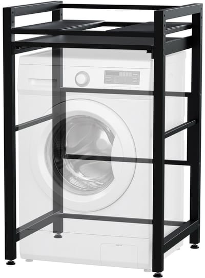 CLP Alara Wasmachinerek - Wasmachine Verhoger & Droger Stapelrek met Uitschuifbare Legplank - Universele Wasmachine Sokkel - zwart