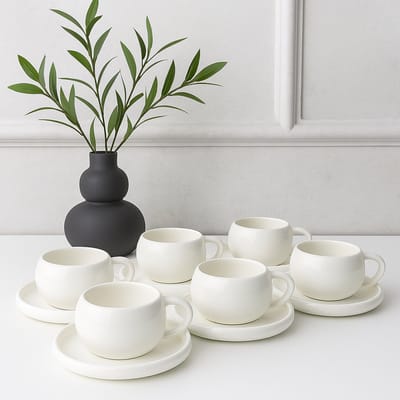 Mevaz Chubby 12-delige Koffiekopjes - Theekopjes Set – Porselein – 240 ml – Met Schotels – Rond Design – Wit