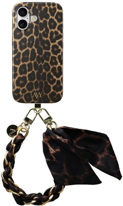 AVY Hoesje Met Telefoonkoord | Geschikt voor Apple iPhone 17 | Compatibel met MagSafe | Hard Shell Back Cover | Stijlvol Bijpassend Koord 32CM | Panthera Chic | Bruin