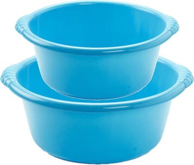 Voordeelset multifunctionele kunststof ronde teiltjes blauw in 2-formaten - 10 en 15 liter inhoud