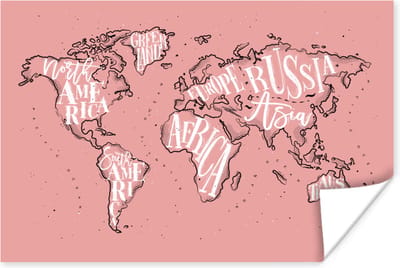 Poster 30x20 cm - Wereldkaart - Roze - Letters - Posters - Kamer decoratie - Wanddecoratie woonkamer - Muurdecoratie slaapkamer
