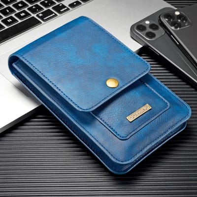 DG.MING Universele Leren Smartphone Case met Riemclip en Pasjeshouder - 6,5 tot 7 inch - Blauw