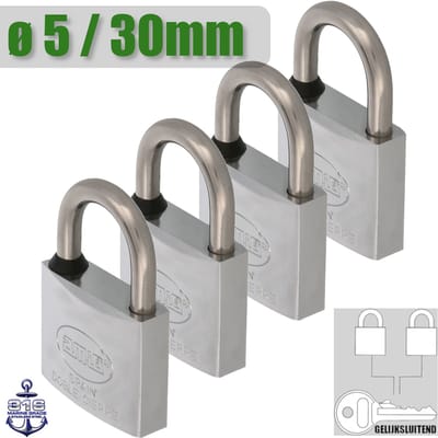 AMIG Klein Gelijksluitend Hangslot 4 Stuks - Ø5mm / 30x52mm Sloten Set - Corrosiebestendig - Verchroomd Messing - Universele Beveiliging