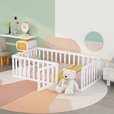 STILVORA Kinderbed 90x200 cm – Bodembed Met Omheining & Deur – Speel/Leesplek – Massief Hout – Wit – Zonder matras – Matrasdikte 6–10 cm
