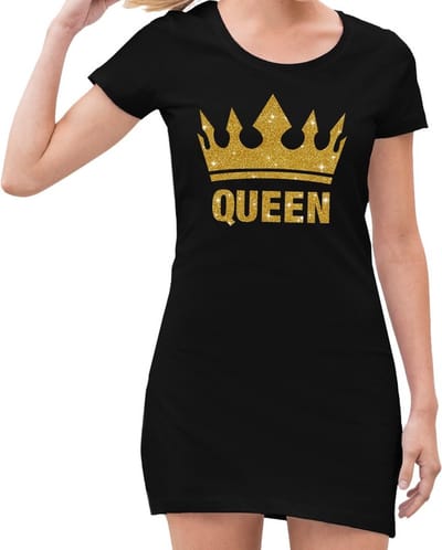 Zwart jurkje met goud glitter Queen en kroon - jurkje dames - Zwart Koningsdag kleding S