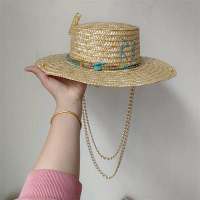 Nouveau Chapeau de Paille Auto-Créé Style Punk Chaîne de Perles Chapeau Jazz DIY Chapeau de Soleil Nouveau Chapeau Coréen à Lettres Chapeau de Plage Hommes et Femmes Chapeau Punk 56-58cm beige
