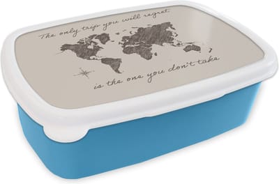 Broodtrommel Blauw - Lunchbox - Brooddoos - Spreuken - Quotes - The only trip you will regret is the one you don't take - Wereldkaart - 18x12x6 cm - Kinderen - Jongen