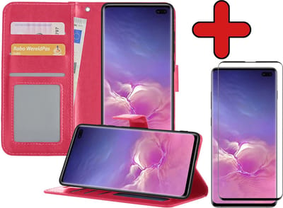 Hoesje - Met Screenprotector - Geschikt voor Samsung Galaxy S10 - Luxe Pasjeshouder - Flipcase - Bookcase Portemonee - Flip Case - Kunstleer Book Case - Book Cover - Walletcase - Portemonneehoes - Telefoonhoes - Donkerroze