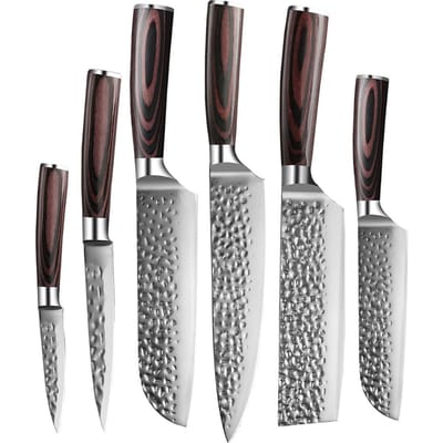 Shinrai Knives - Messenset - 6 delig - Koksmes - Japans Design - Mes - Hammered RVS - Met Luxe Geschenkdoos - Keukenmessen