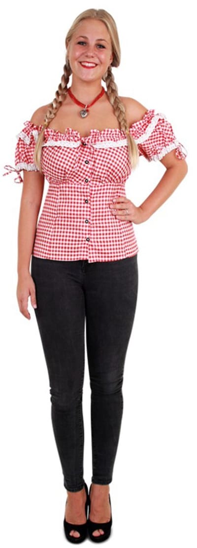 PartyXplosion - Boeren Tirol & Oktoberfest Kostuum - Tiroler Blouse Helga Rood Wit Geblokt Vrouw - Rood - Maat 36 - Bierfeest - Verkleedkleding