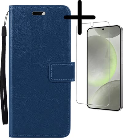 Hoesje Met Screenprotector - Geschikt voor Samsung Galaxy S24 Plus - Luxe Pasjeshouder - Bookcase Portemonee - Flip Case - Kunstleer Book Case - Flipcase - Book Cover - Walletcase - Portemonneehoes - Donkerblauw