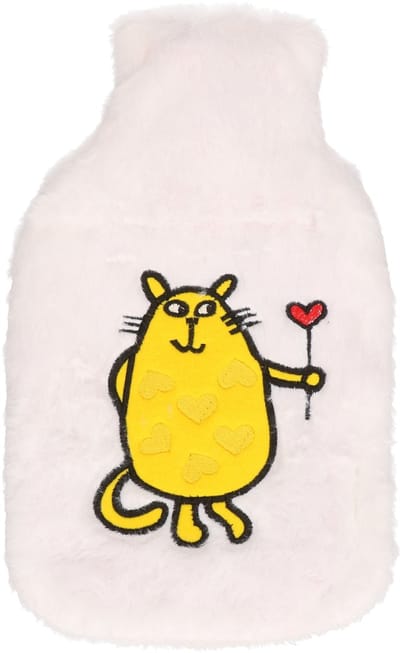 Cosy & Trendy Kruik - wit - oranje kat print - 2 liter - pluche hoes - warmwaterkruik