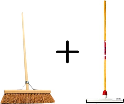Synx Tools Coco Binnenbezem 40cm + Vloertrekker Kunststof 35cm met Steel 120cm - Zaalveger – Vloerreiniger – Natuurrubber – Zachte bezem kokos Met steel 150cm