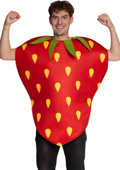 Partychimp Aardbei Kostuum Volwassenen Fruit KostuumCarnavalskleding Heren Carnavalskleding Dames Vrijgezellenfeest Kostuum Vermomming Carnaval Eten Kostuum Grappig Aardbei Pak - Rood/Groen/Geel - Polyester - Unisex - 1-Delig Kostuum - One Size