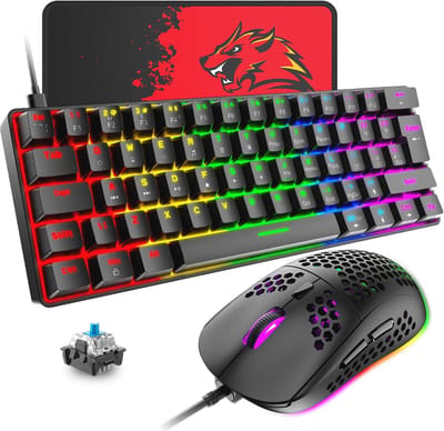Compact Mechanisch Gamingtoetsenbord en Muis Set met LED-verlichting - 62 Toetsen, 6400 DPI, UK Layout
