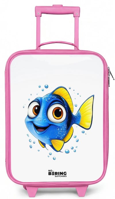 NoBoringSuitcases.com® - Kinderkoffer roze - Kindertrolley meisje - Blauwe vis met gele vinnen en vrolijke blik - Koffer kind lichtgewicht - Reiskoffer trolley voor kinderen - Koffertje met lichtgevende wieltjes - Rolkoffer