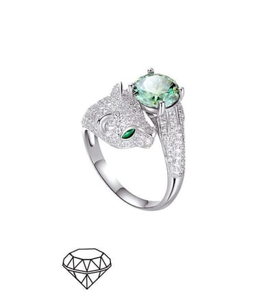Hetty'S - Chique -Panter Ring in "Cartier-Stijl "â€“ Met 2 Karaat Groene Moissaniet met Certificaat â€“ 925 zilver -EÃ©n Maat