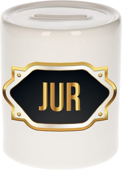 Spaarpot met voornaam Jur - wit - met goud/zwart embleem - 8 x 9 cm - keramiek - met afsluitdop - cadeau verjaardag