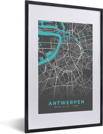 Fotolijst incl. Poster - Stadskaart – Grijs - Kaart – Antwerpen – België – Plattegrond - 40x60 cm - Posterlijst