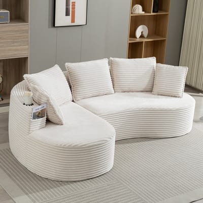 Zachte, ademende corduroy bank met bekerhouder en opbergvak. Hoogwaardig schuim voor comfortabel zitten. Inclusief kussens – samengeperst en klaar voor gebruik. Perfect voor elke woonkamer.