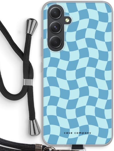 Case Company® - Hoesje met koord geschikt voor Samsung Galaxy A54 hoesje met Koord - Grid Blauw - Telefoonhoesje met Zwart Koord - Bescherming aan alle Kanten en Over de Schermrand
