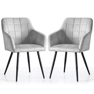 Set van 2 Eetkamerstoelen LUXANO met Armleuningen / Gestoffeerde Stoelen / Fluwelen Stoelen en Metalen Poten / Grijs met zwarte benen