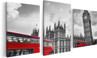 Artaza Canvas Schilderij Drieluik Rode Bussen in Londen - Retro - 120x60 - Foto Op Canvas - Canvas Print