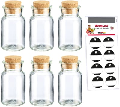 Westmark specerijenpotten met kurken, 6 dek. – voor specerijen, kruiden en theeën – inclusief 8 decoratieve etiketten – transparant, 150 ml