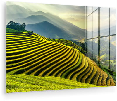 ® Glasschilderij 180x120 cm - Schilderij acrylglas - Terrassen van rijstvelden met op de achtergrond een berglandschap in Vietnam - Foto op glas - Muurdecoratie woonkamer - Wanddecoratie slaapkamer - Schilderijen