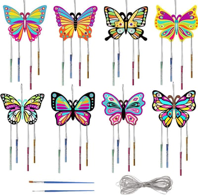 Creatieve Windspel Set met Vlinders - 8 Delen Houten Windgong voor Kinderen, Knutselprojecten en Feestdecoratie