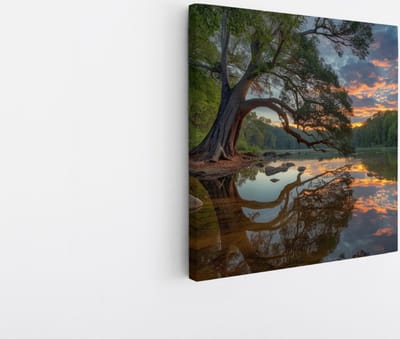 Saammp Canvas Schilderij - Scheve Boom met zonsondergang - Bloemen - Landschap - Natuur - 20x20 - Foto op canvas - Wanddecoratie - Muurdecoratie Woonkamer - Slaapkamer decoratie - Canvas Print
