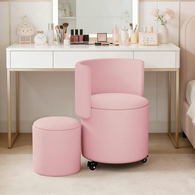 Draaibare Hocker - Make-up Stoel - Opbergen en Zitten - Inklapbare Rugleuning - 29.5 x 29.5 x 71 cm - Roze