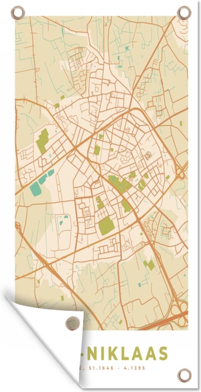Schuttingposter Plattegrond - Retro - Stadskaart - Sint-Niklaas - Kaart - 100x200 cm - Tuindoek