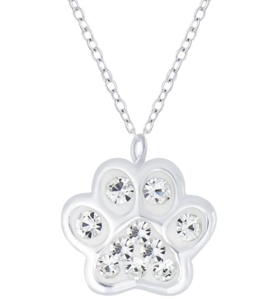 Joy|S - Zilveren kat hond dierenpoot hanger met ketting 36 cm + 5 cm - wit kristal - poot afdruk
