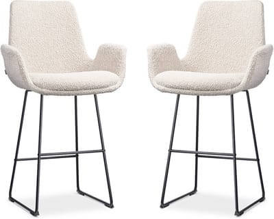 Nolon Nino-Eef Barkrukken Set van 2 Bouclé Beige - met Armleuning - Zwart Onderstel - 65 cm - Voor Kookeiland - Barkruk met Rugleuning - Lage Armleuning - Scandinavisch