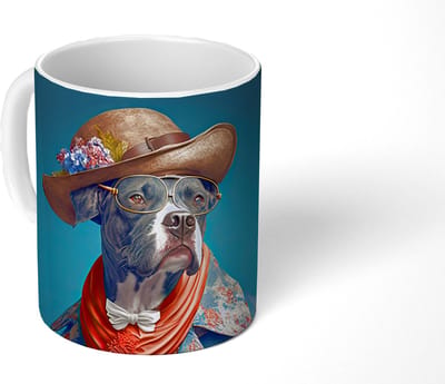 Mok - Koffiemok - Hond - Colbert - Bloemen - Hoed - Blauw - Mokken - 350 ML - Beker - Koffiemokken - Theemok