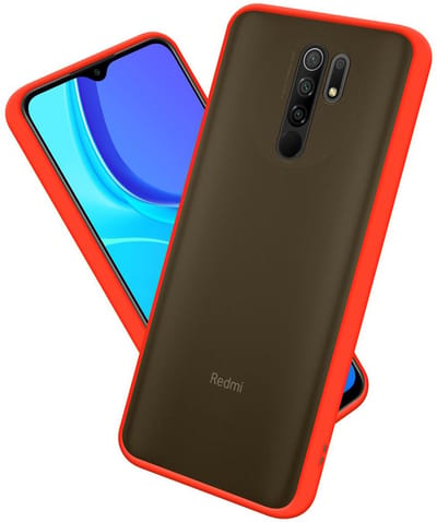 Cadorabo Hoesje geschikt voor Xiaomi RedMi 9 in Mat Rood - Zwarte Knopen - Hybride beschermhoes met TPU siliconen Case Cover binnenkant en matte plastic achterkant