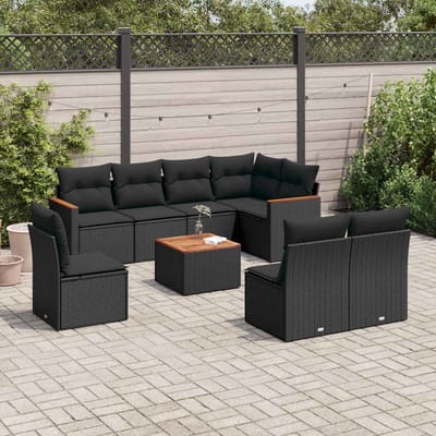 vidaXL - 9-delige - Loungeset - met - kussens - poly - rattan - zwart