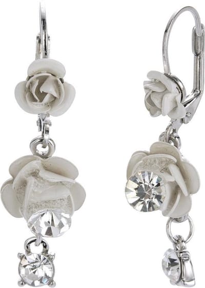 Behave – Oorhangers – Zilverkleurig met Witte Rozen en Glaskristal – 3,5 cm