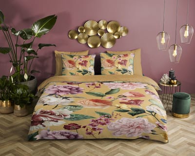 Descanso dekbedovertrek bloemen - 2 persoons 200x200/220 cm - Oker - 100% Katoen satijn